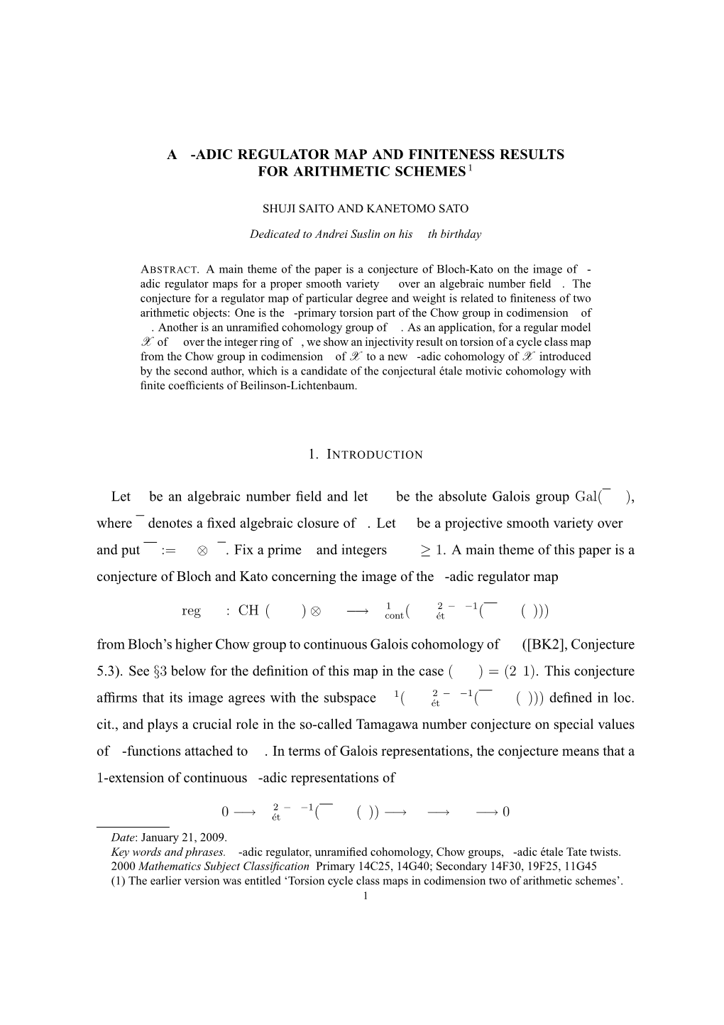 A P-ADIC REGULATOR MAP and FINITENESS RESULTS for ARITHMETIC SCHEMES 1