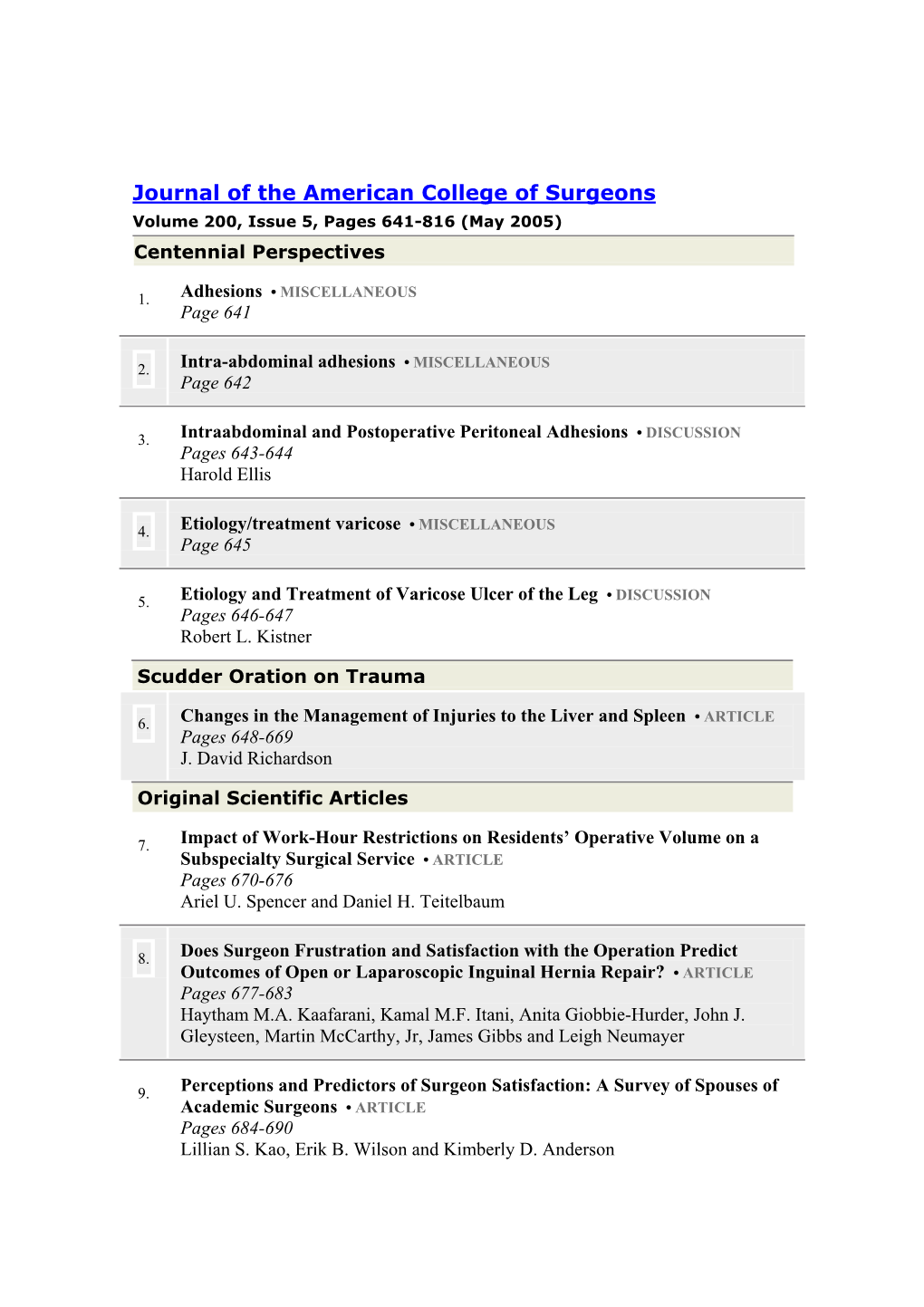 Journal of the American College of Surgeons Volume 200, Issue 5, Pages 641-816 (May 2005) Centennial Perspectives