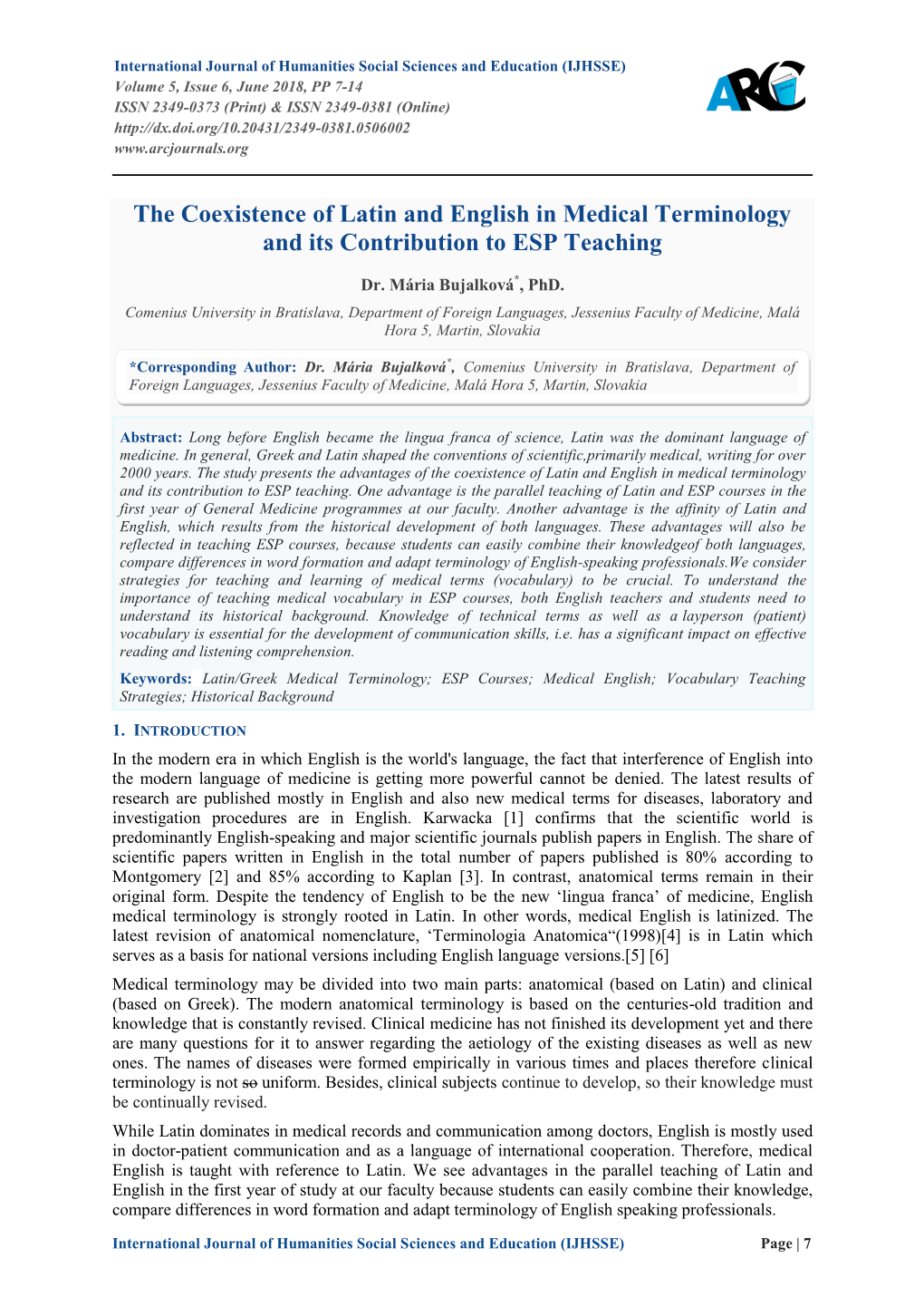 The Coexistence of Latin and English in Medical Terminology and Its Contribution to ESP Teaching