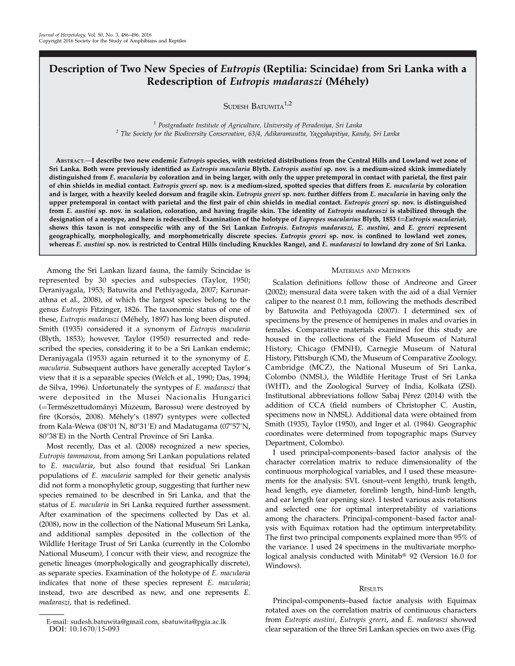 Description of Two New Species of Eutropis (Reptilia: Scincidae) from Sri Lanka with a Redescription of Eutropis Madaraszi (Me´Hely)