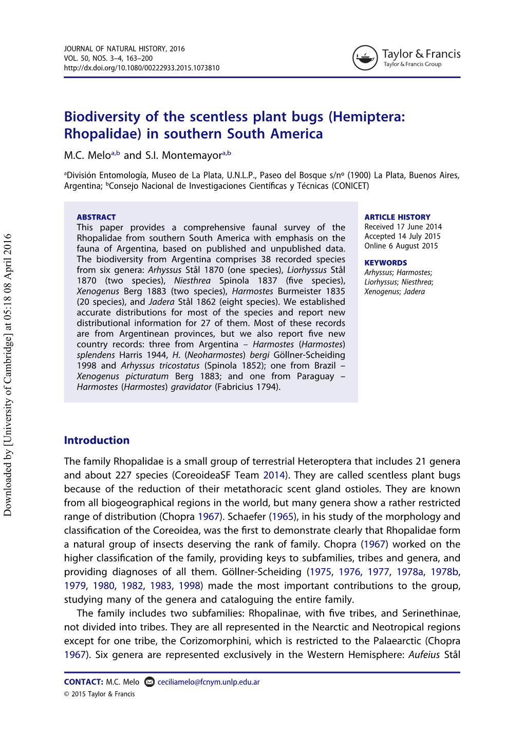 Hemiptera: Rhopalidae) in Southern South America M.C