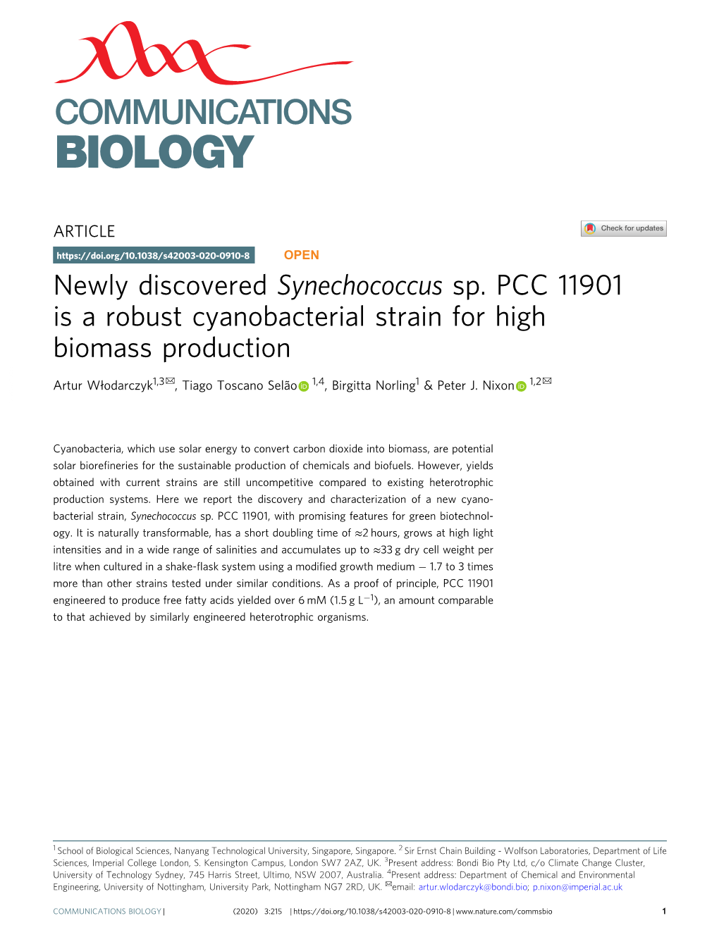 Newly Discovered Synechococcus Sp. PCC 11901 Is a Robust