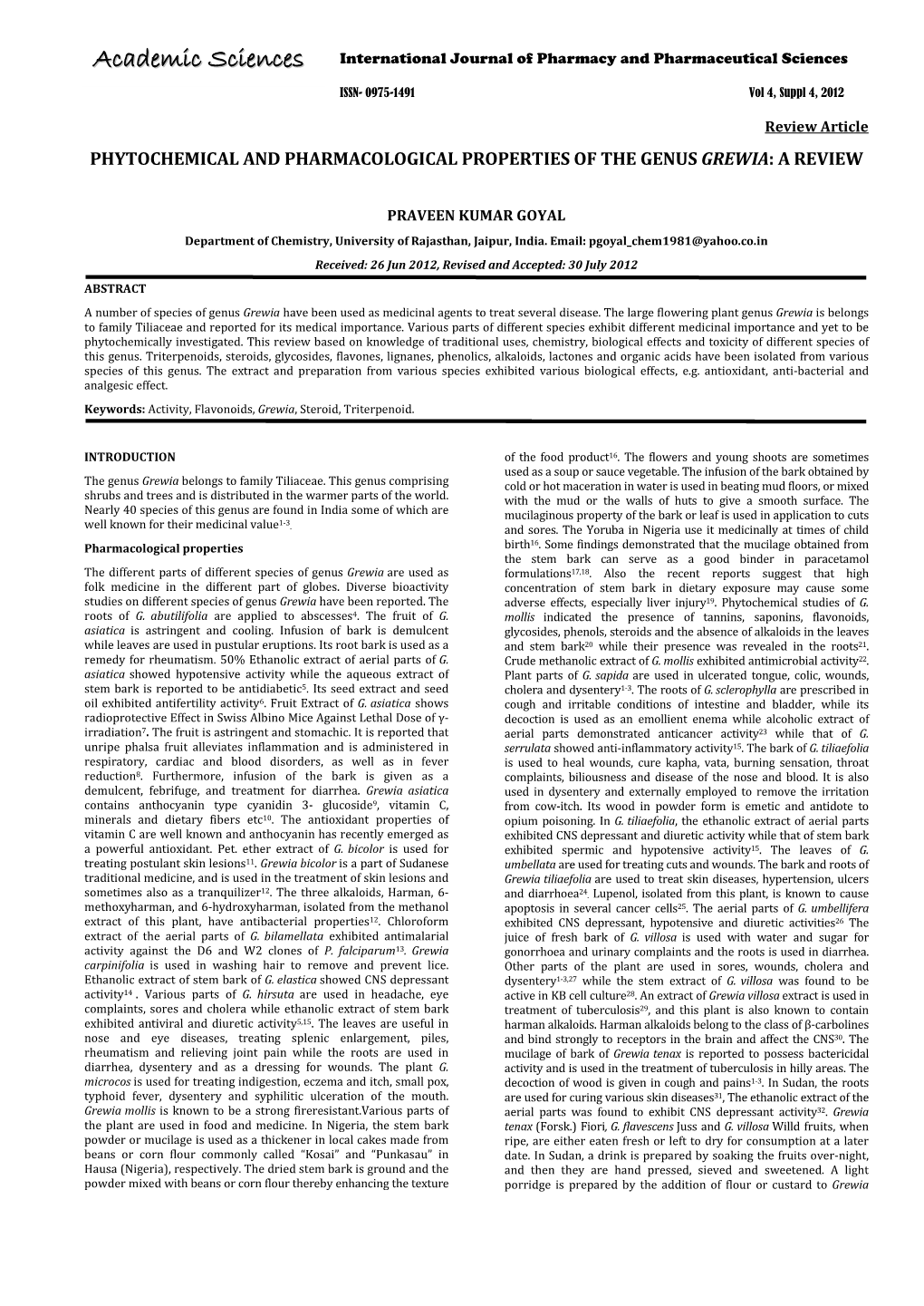 Phytochemical and Pharmacological Properties of the Genus Grewia: a Review