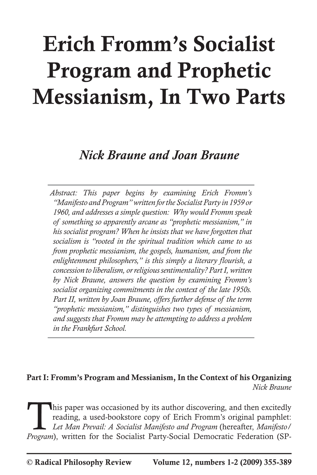 Erich Fromm's Socialist Program and Prophetic Messianism, in Two Parts