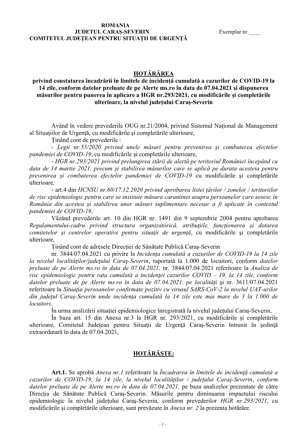 ROMANIA JUDETUL CARAŞ-SEVERIN Exemplar Nr.____ COMITETUL JUDEŢEAN PENTRU SITUAŢII DE URGENŢĂ