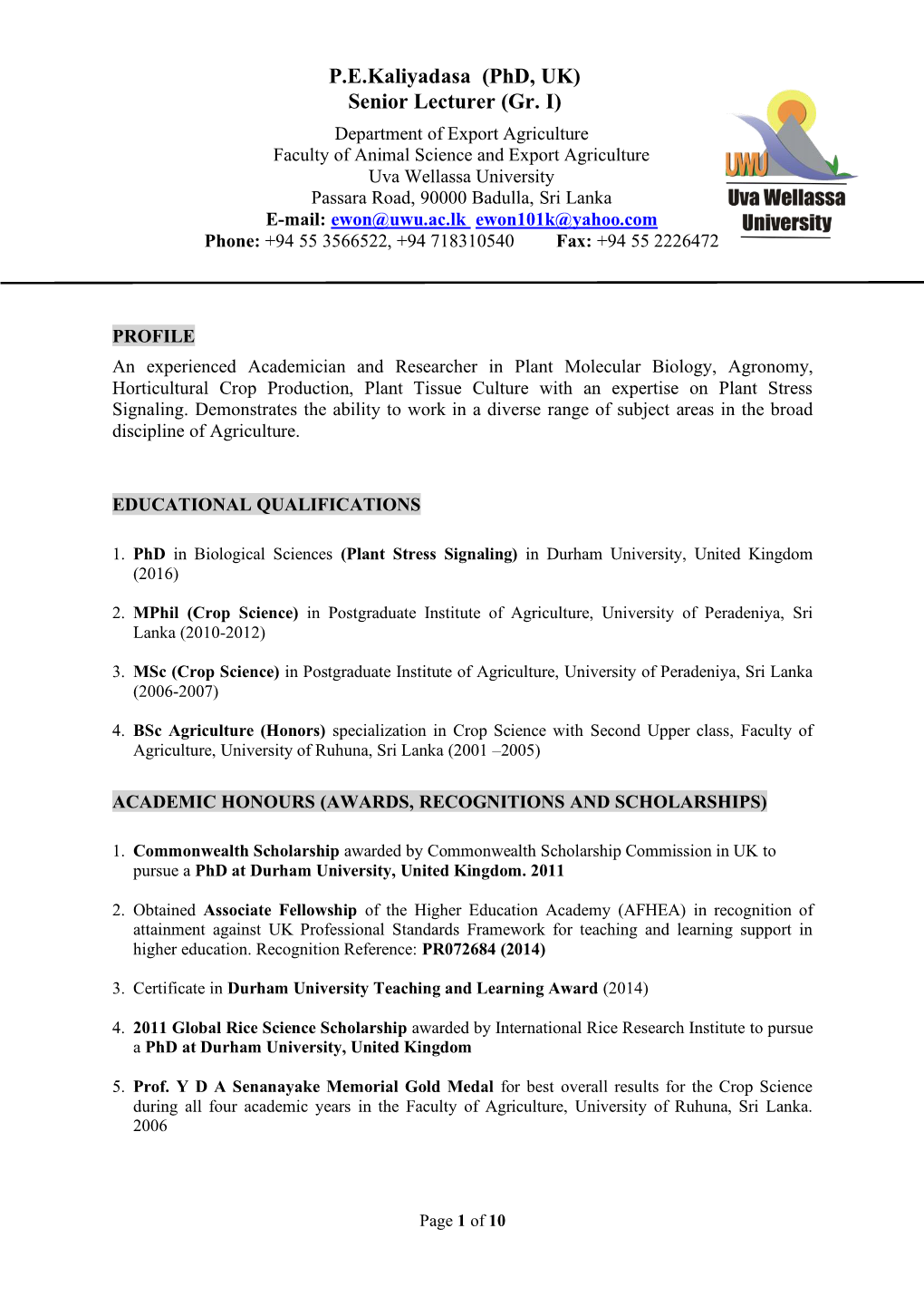 P.E.Kaliyadasa (Phd, UK) Senior Lecturer (Gr