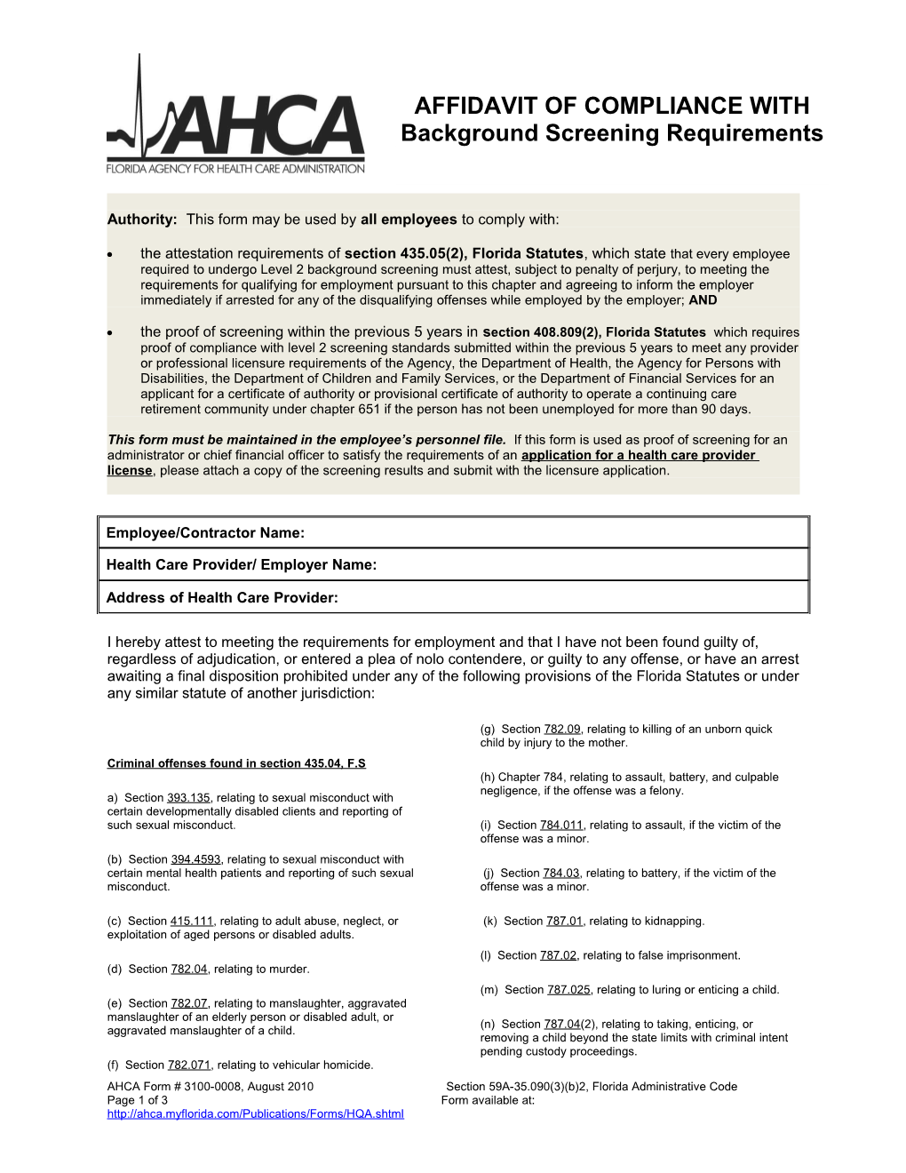 Affidavit of Compliance with Background Screening Requirements s1