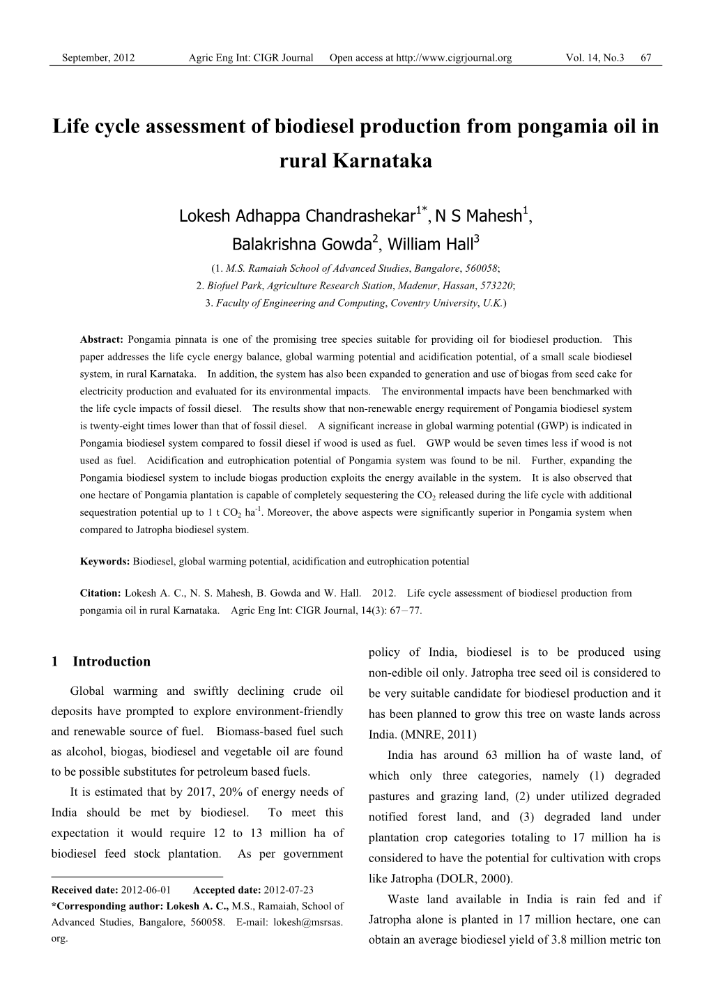 Life Cycle Assessment of Biodiesel Production from Pongamia Oil in Rural Karnataka