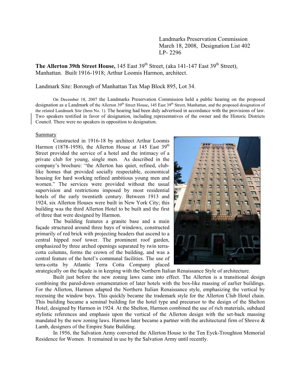 Landmarks Preservation Commission March 18, 2008, Designation List 402 LP- 2296