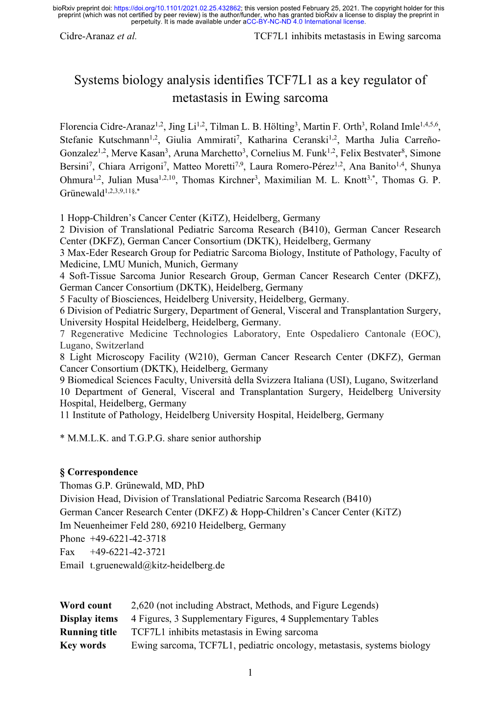 Systems Biology Analysis Identifies TCF7L1 As a Key Regulator of Metastasis in Ewing Sarcoma