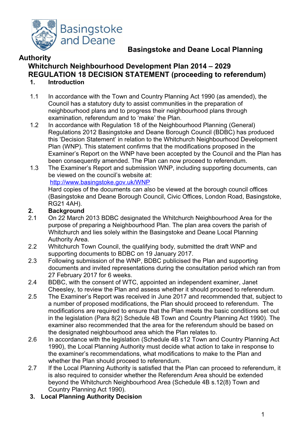 Whitchurch Neighbourhood Development Plan Decision Statement