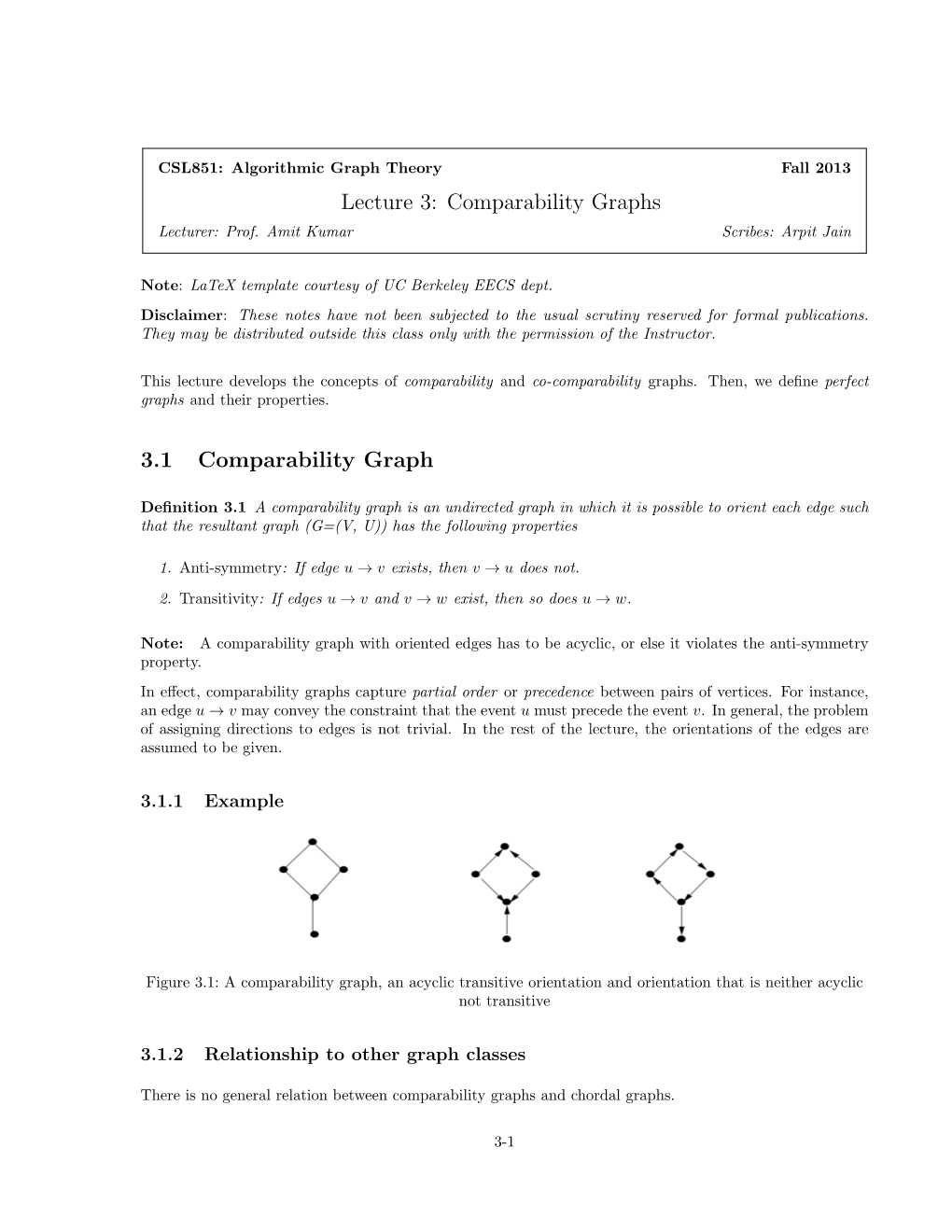 Lecture 3: Comparability Graphs Lecturer: Prof