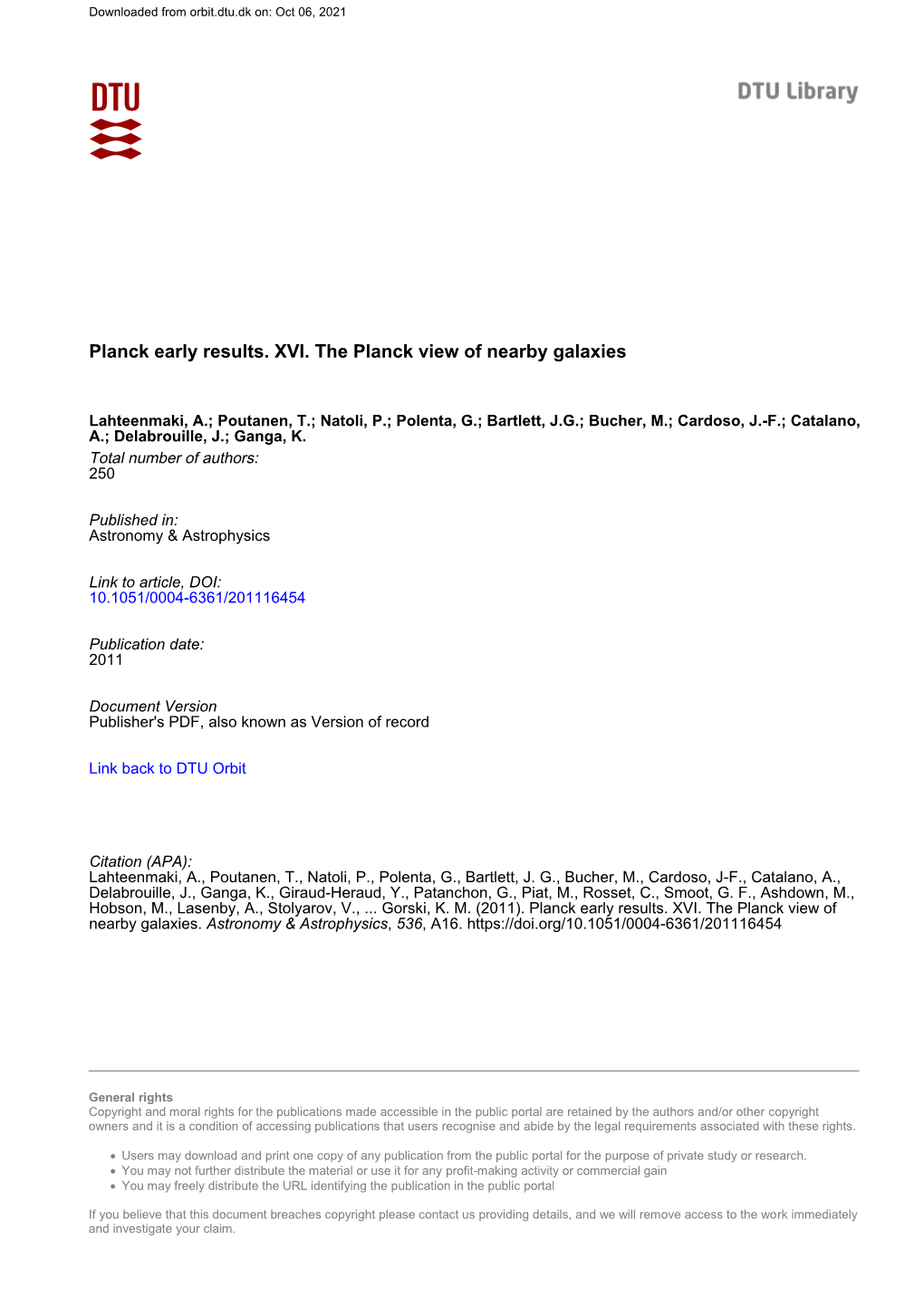 Planck Early Results. XVI. the Planck View of Nearby Galaxies⋆