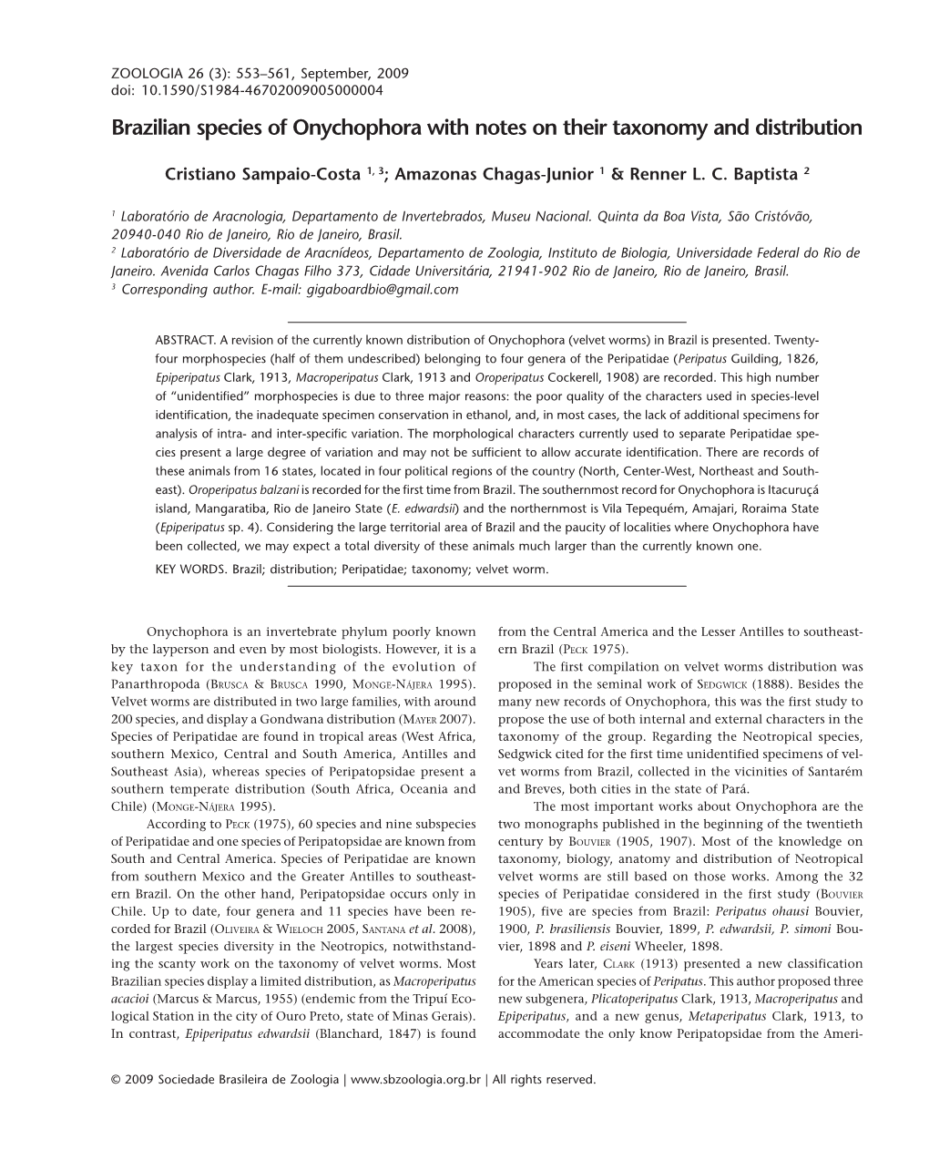 Brazilian Species of Onychophora with Notes on Their Taxonomy and Distribution