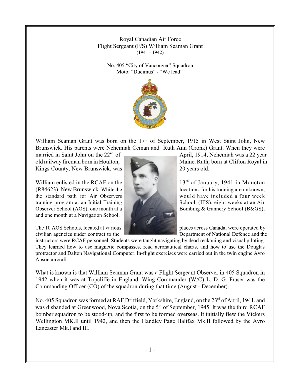 Royal Canadian Air Force Flight Sergeant (F/S) William Seaman Grant (1941 - 1942)