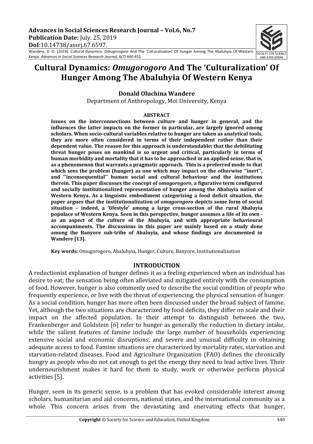 'Culturalization' of Hunger Among the Abaluhyia of Western Kenya