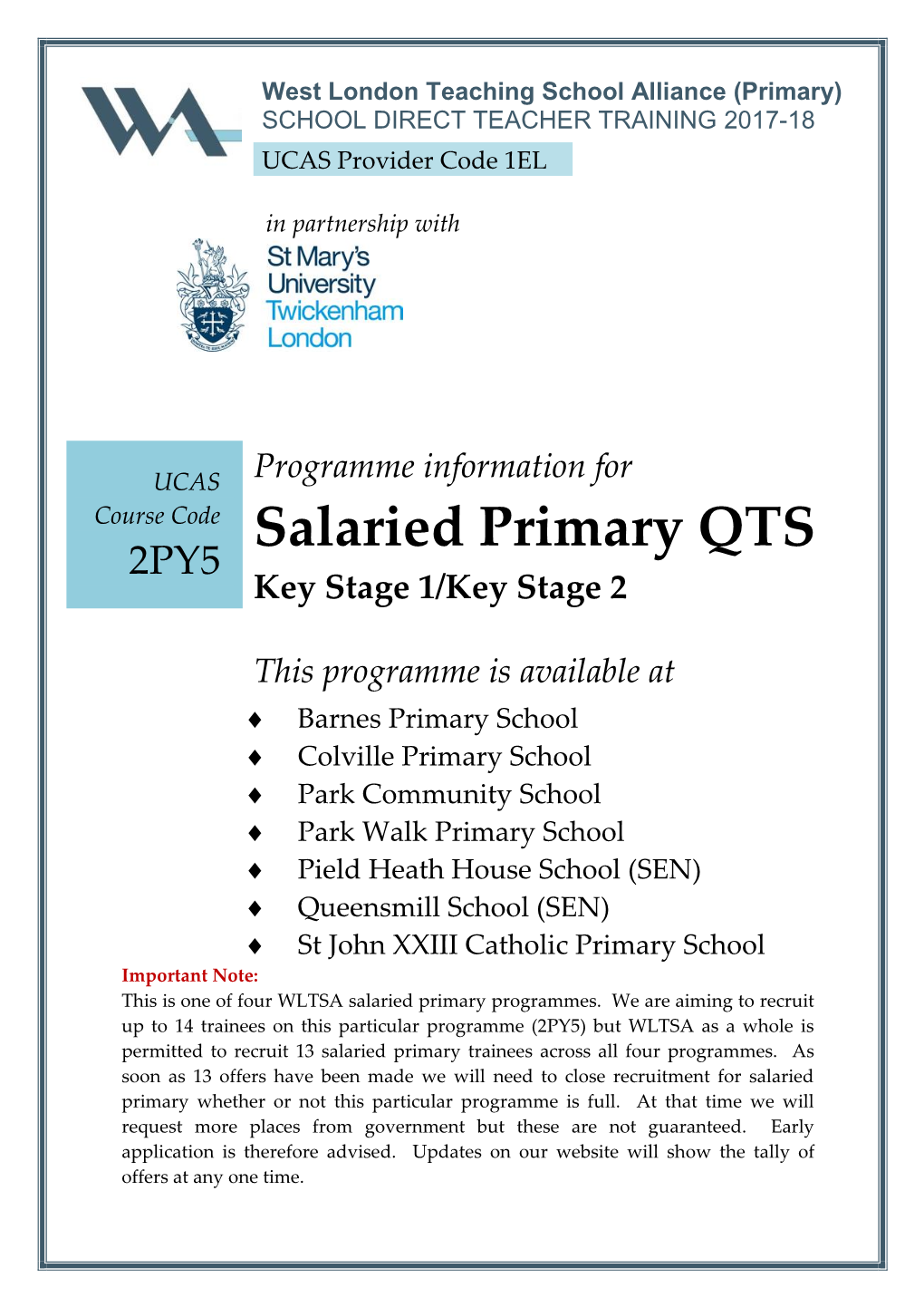 Salaried Primary QTS 2PY5 Key Stage 1/Key Stage 2