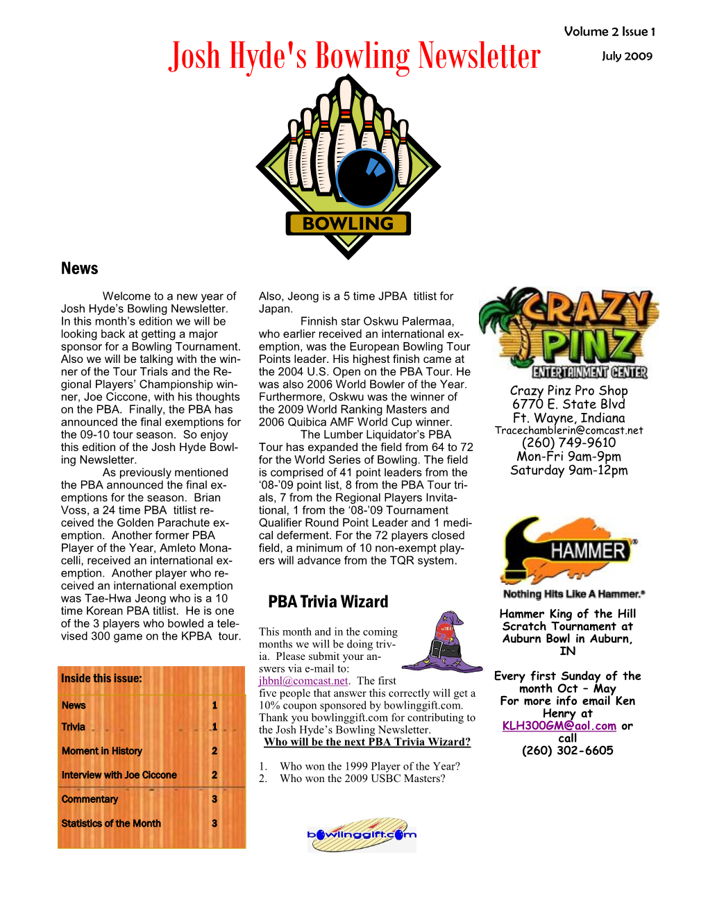 Josh Hyde's Bowling Newsletter July 2009