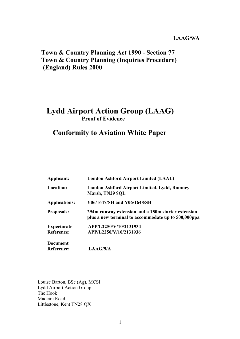 Lydd Airport Action Group (LAAG) Proof of Evidence