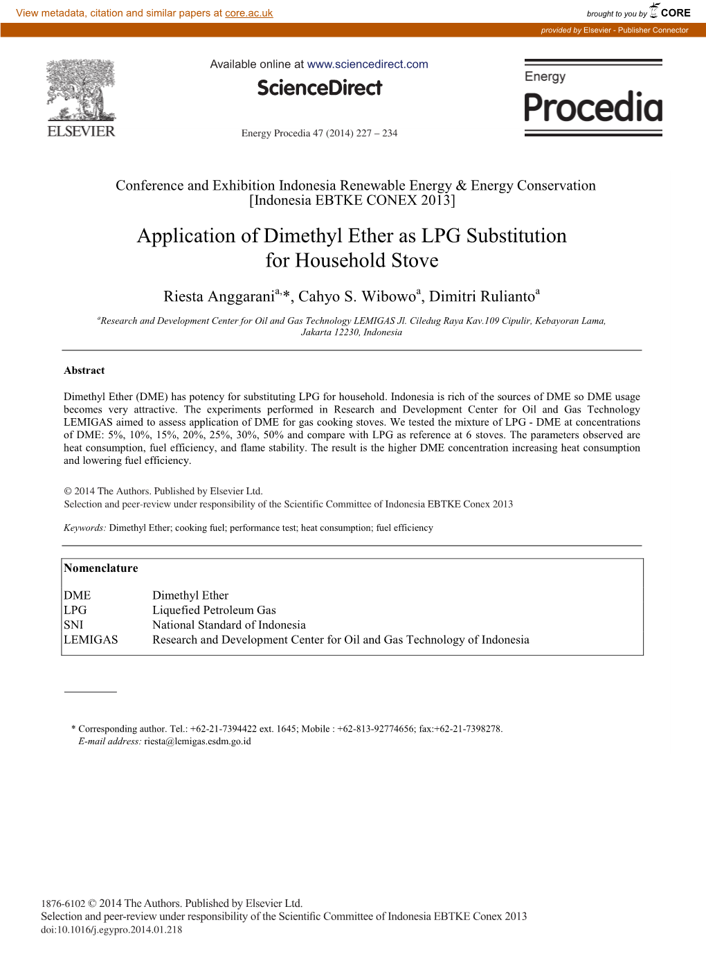 Application of Dimethyl Ether As LPG Substitution for Household Stove