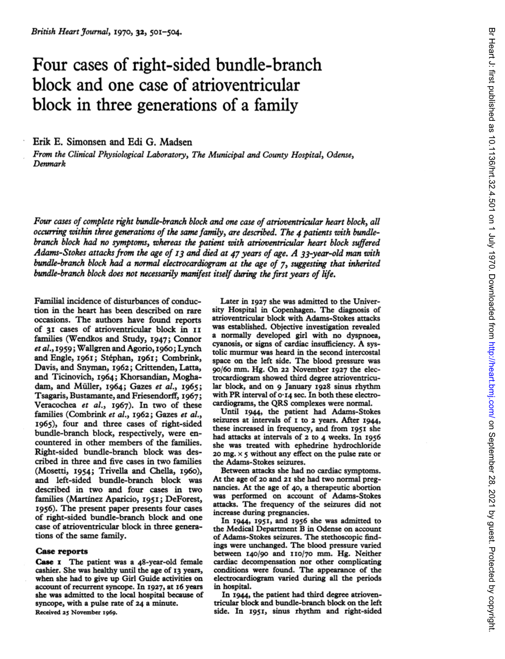 Four Cases of Right-Sided Bundle-Branch Block and One Case of Atrioventricular Block in Three Generations of a Family