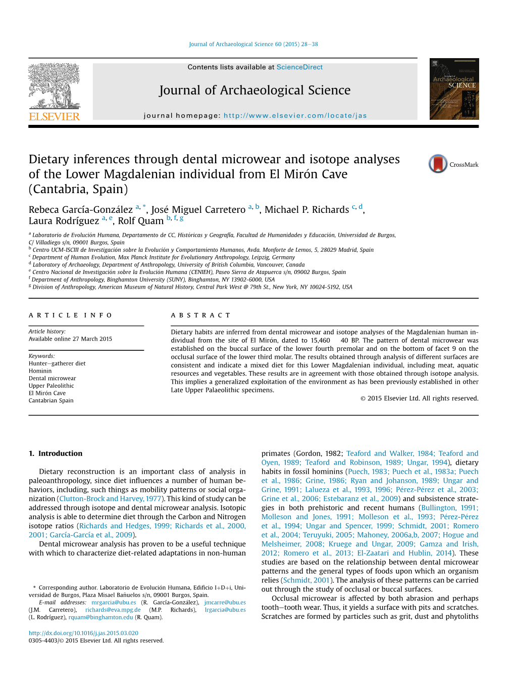 Dietary Inferences Through Dental Microwear and Isotope Analyses of the Lower Magdalenian Individual from El Miron Cave (Cantabr