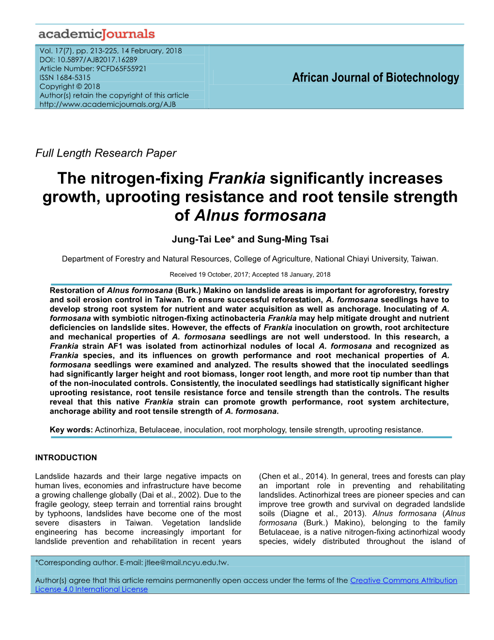 The Nitrogen-Fixing Frankia Significantly Increases Growth, Uprooting Resistance and Root Tensile Strength of Alnus Formosana