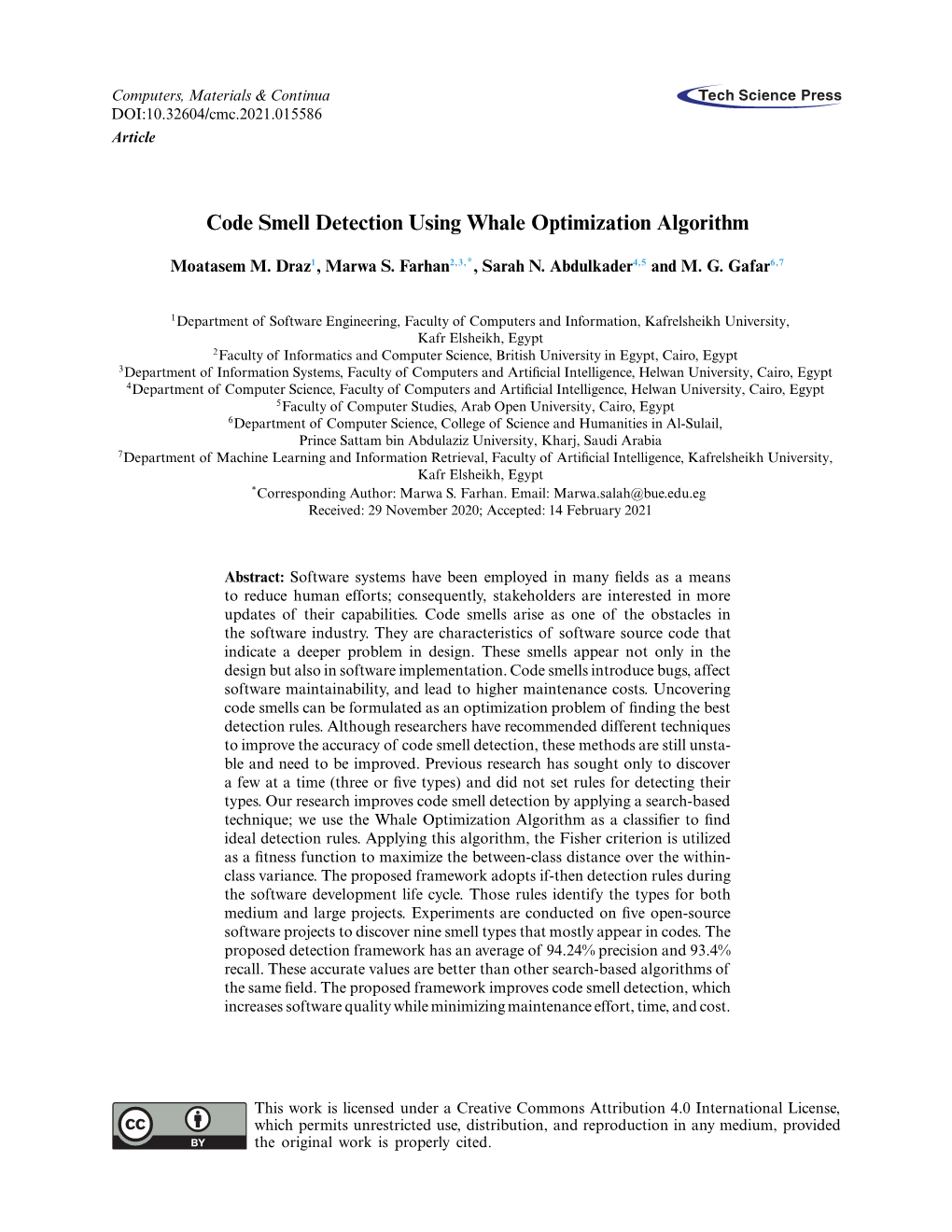 Code Smell Detection Using Whale Optimization Algorithm