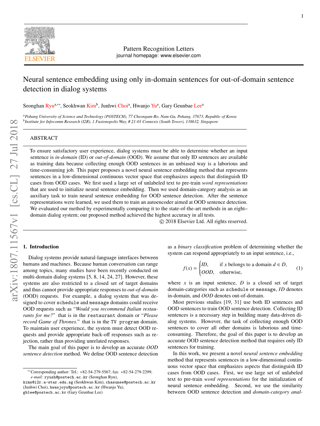 Neural Sentence Embedding Using Only In-Domain Sentences for Out-Of-Domain Sentence Detection in Dialog Systems