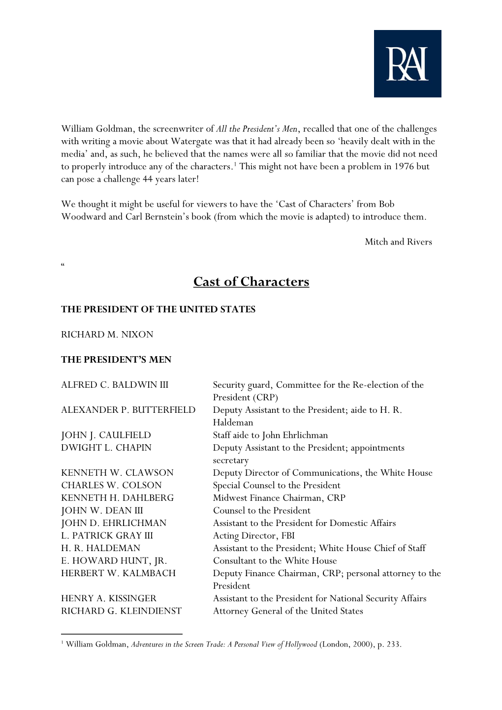 Cast of Characters’ from Bob Woodward and Carl Bernstein’S Book (From Which the Movie Is Adapted) to Introduce Them