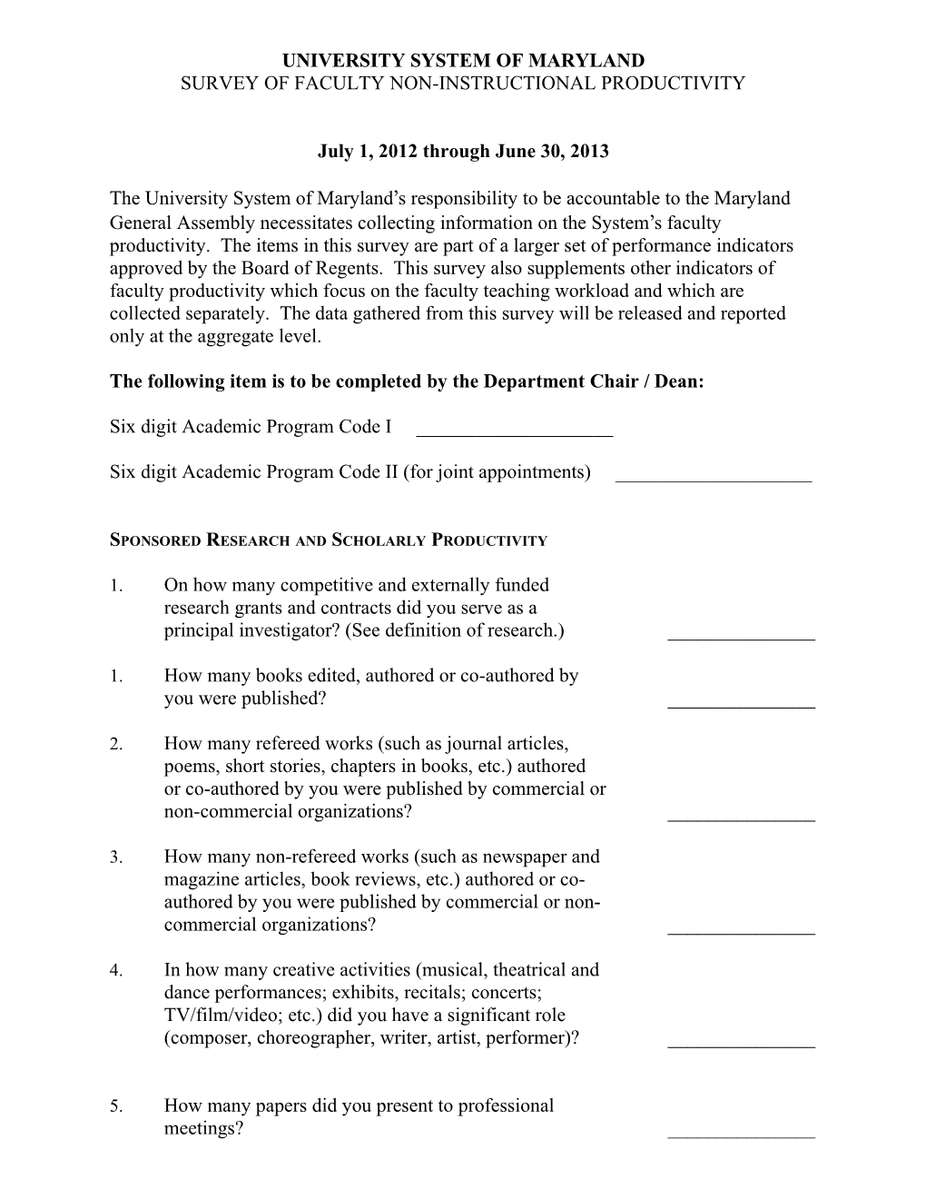 Survey of Faculty Non-Instructional Productivity