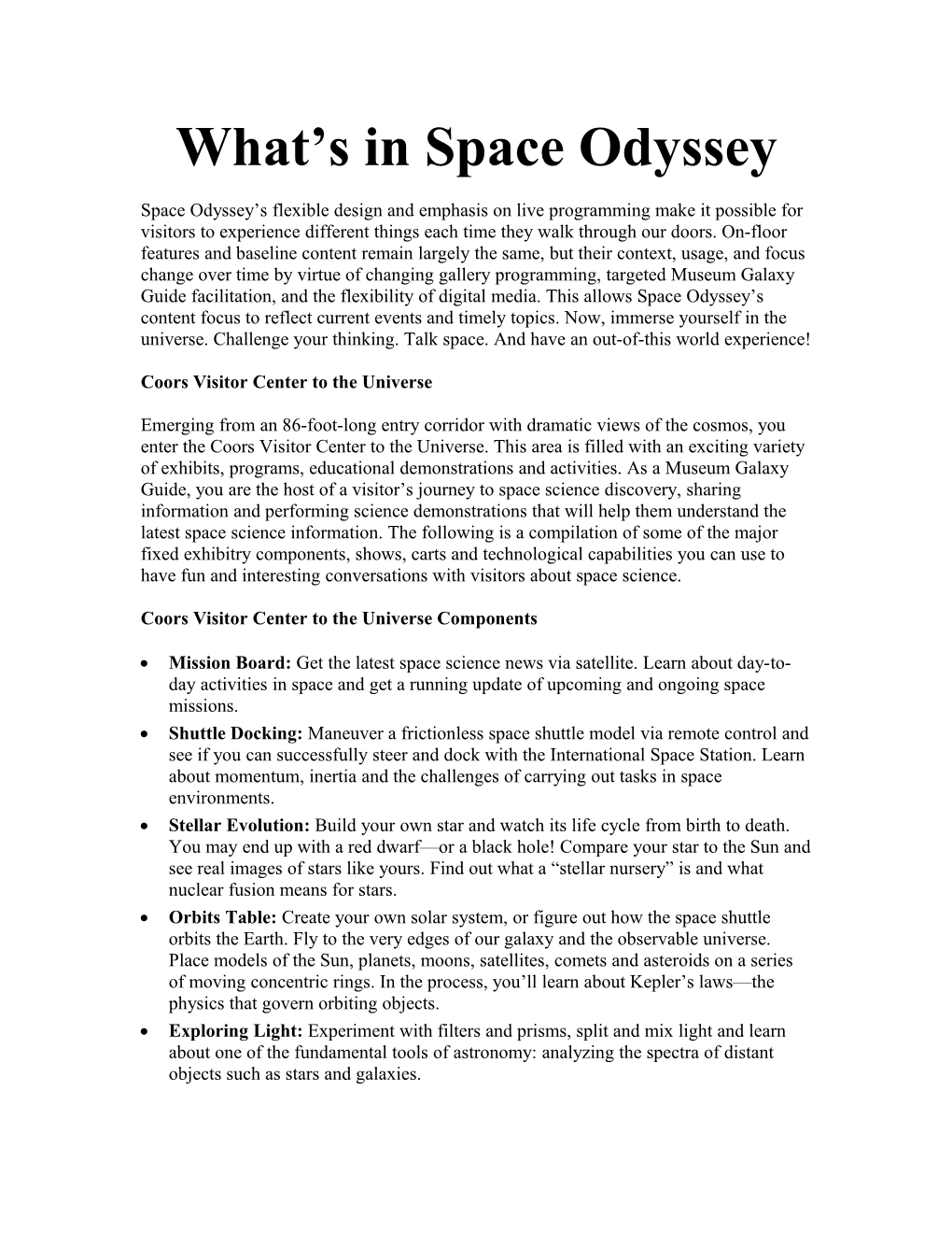 Space Odyssey Main Press Release