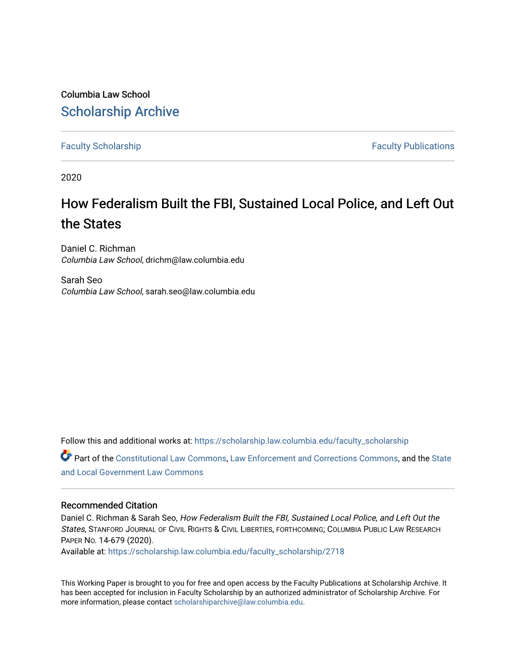 How Federalism Built the FBI, Sustained Local Police, and Left out the States