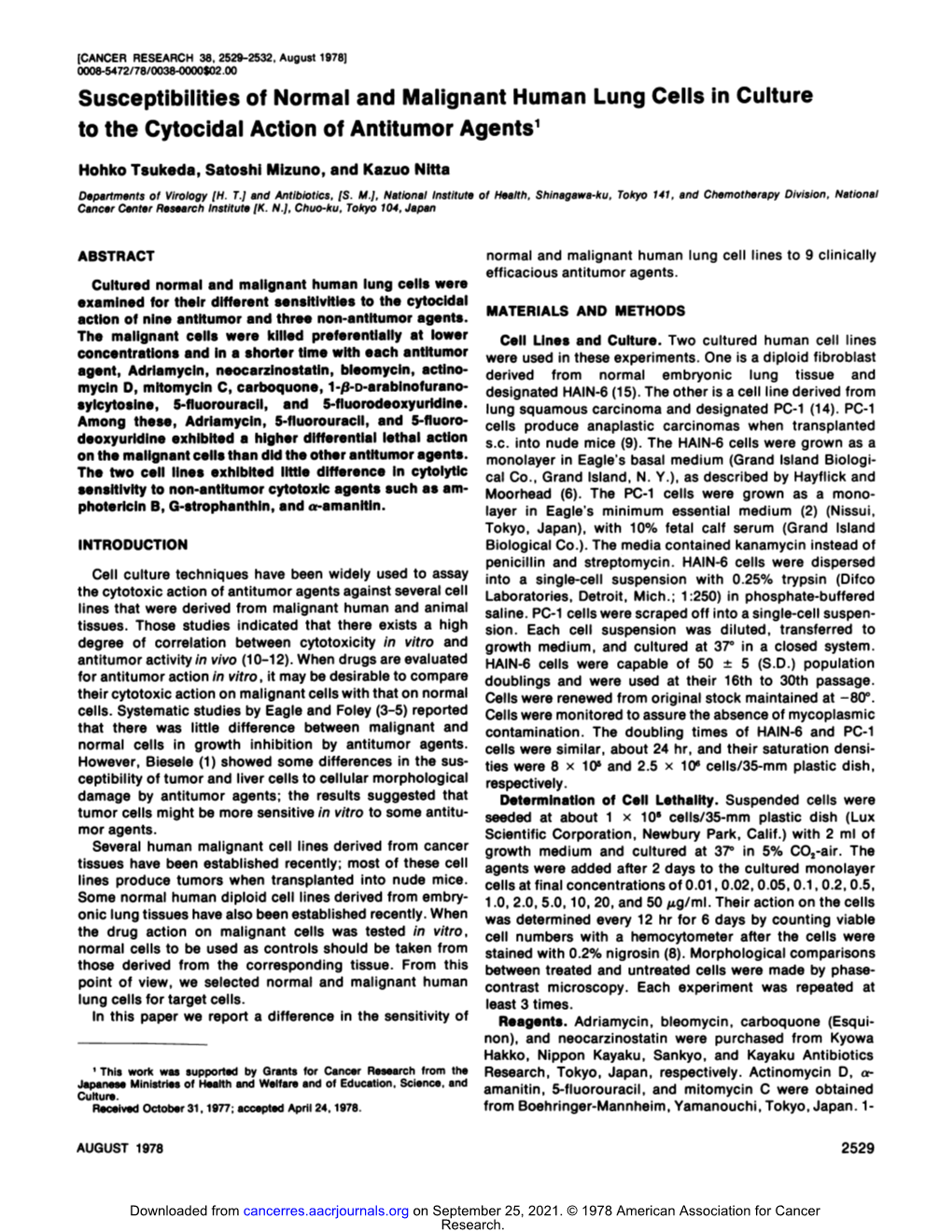 Susceptibilities of Normal and Malignant Human Lung Cells in Culture to the Cytocidal Action of Antitumor Agents1