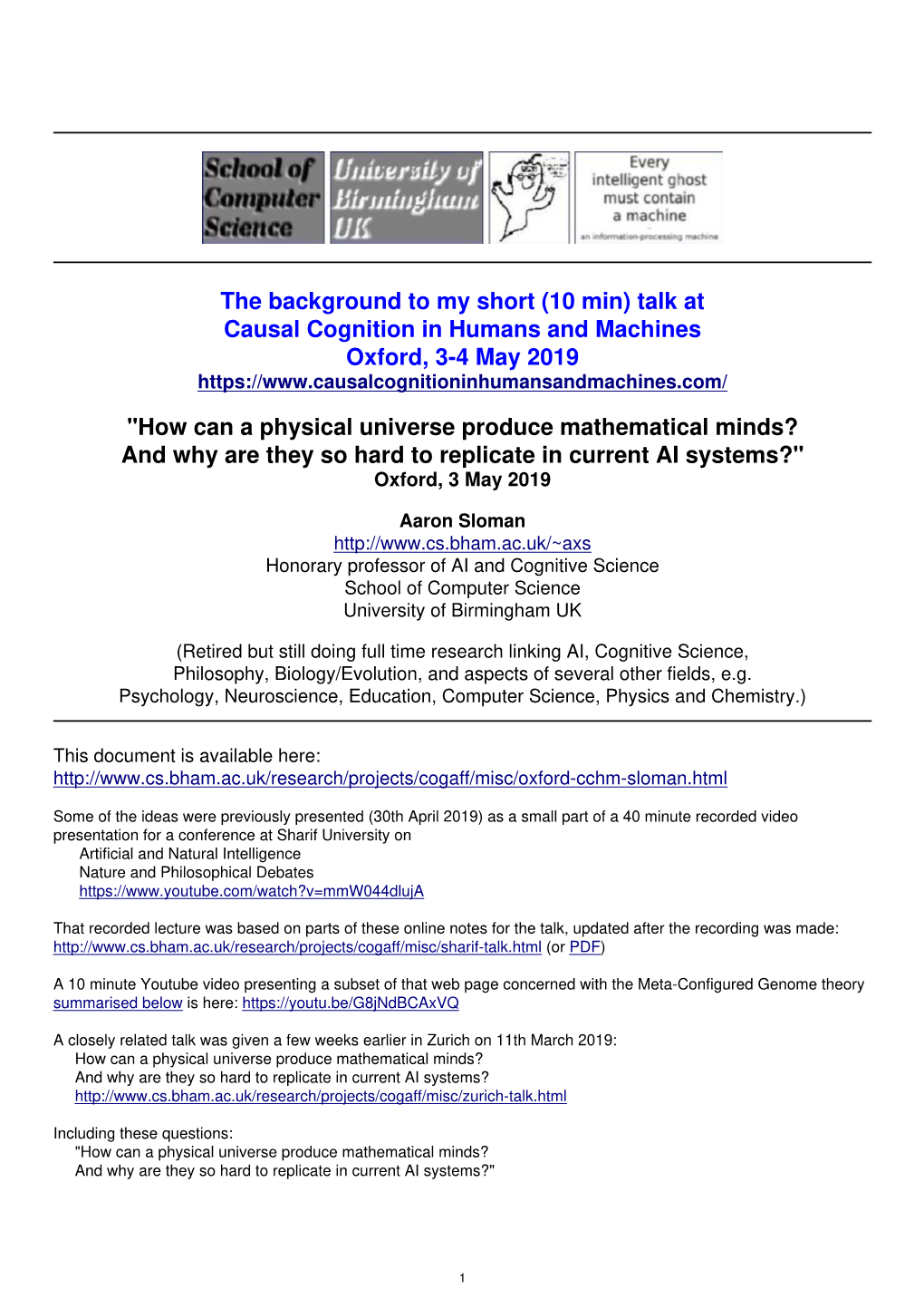 Talk at Causal Cognition in Humans and Machines Oxford, 3-4 May 2019
