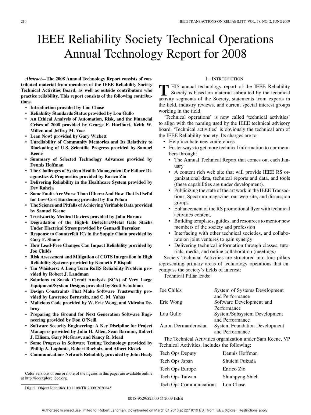 IEEE Reliability Society Technical Operations Annual Technology Report for 2008