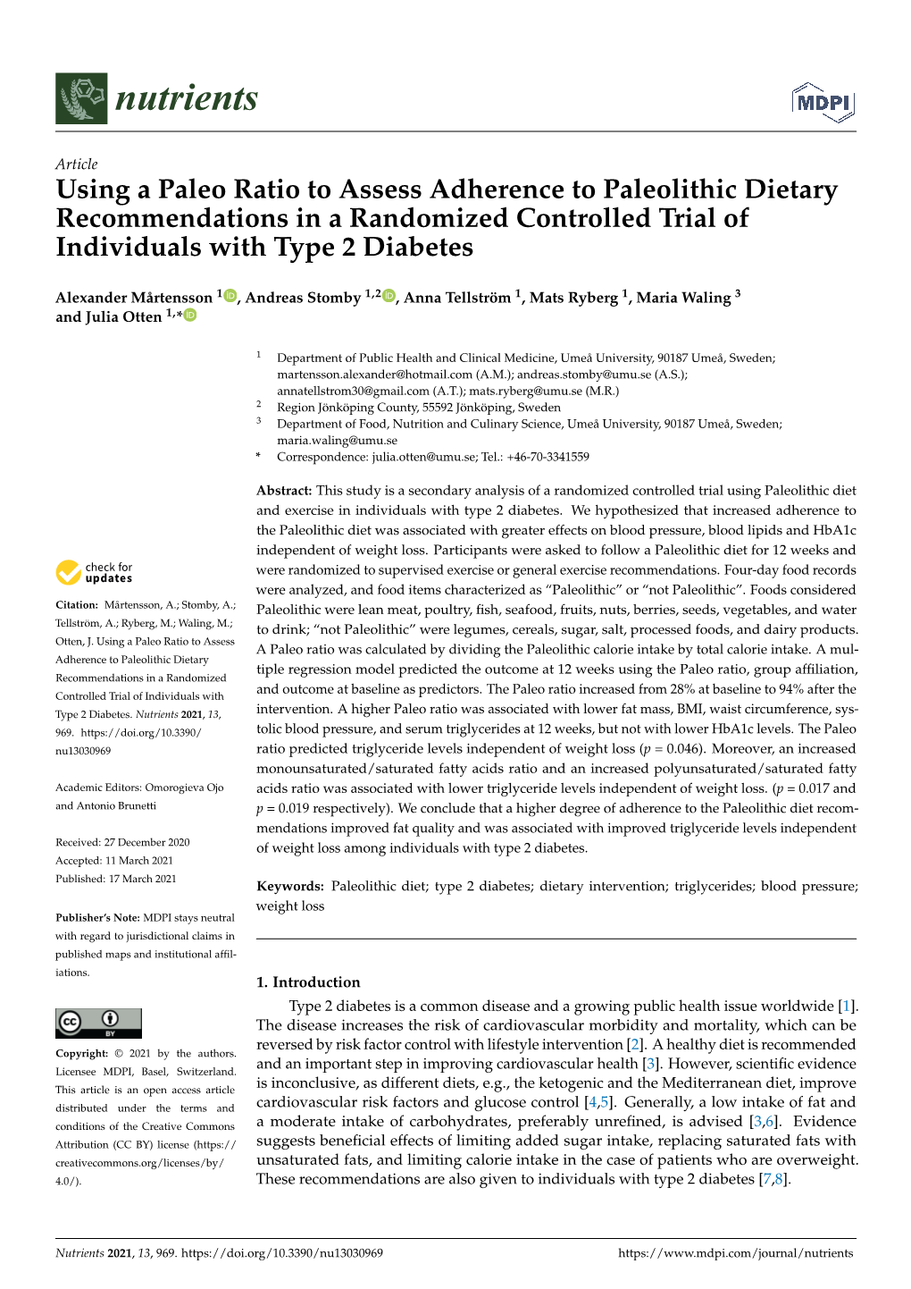 Using a Paleo Ratio to Assess Adherence to Paleolithic Dietary Recommendations in a Randomized Controlled Trial of Individuals with Type 2 Diabetes