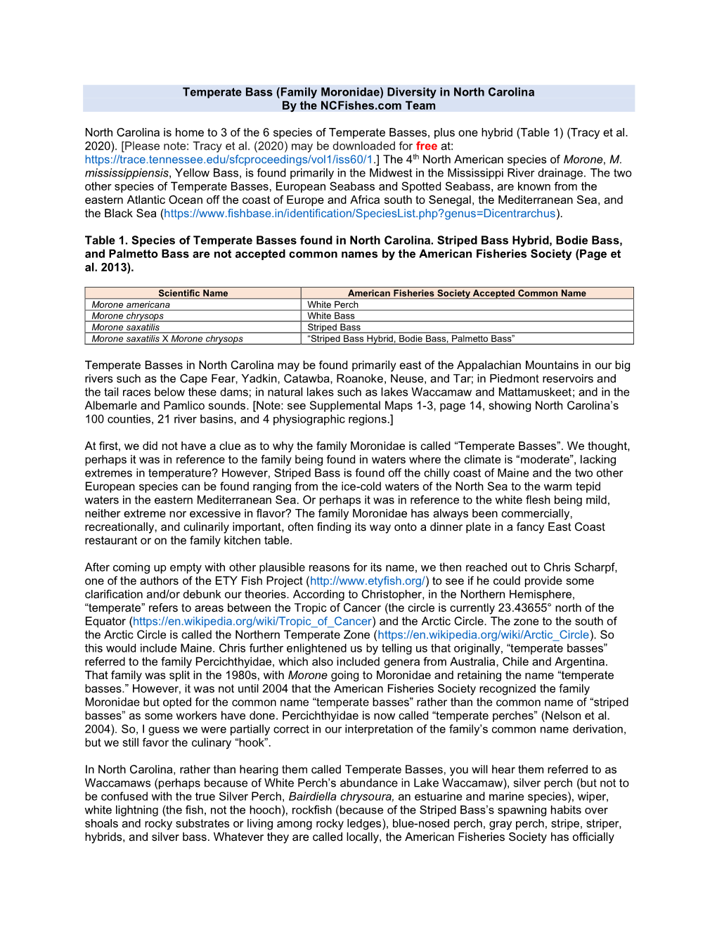 Temperate Bass (Family Moronidae) Diversity in North Carolina by the Ncfishes.Com Team