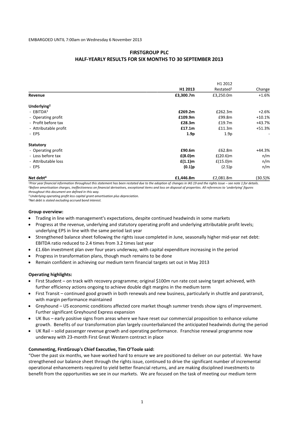 Firstgroup Plc Half-Yearly Results for Six Months to 30 September 2013