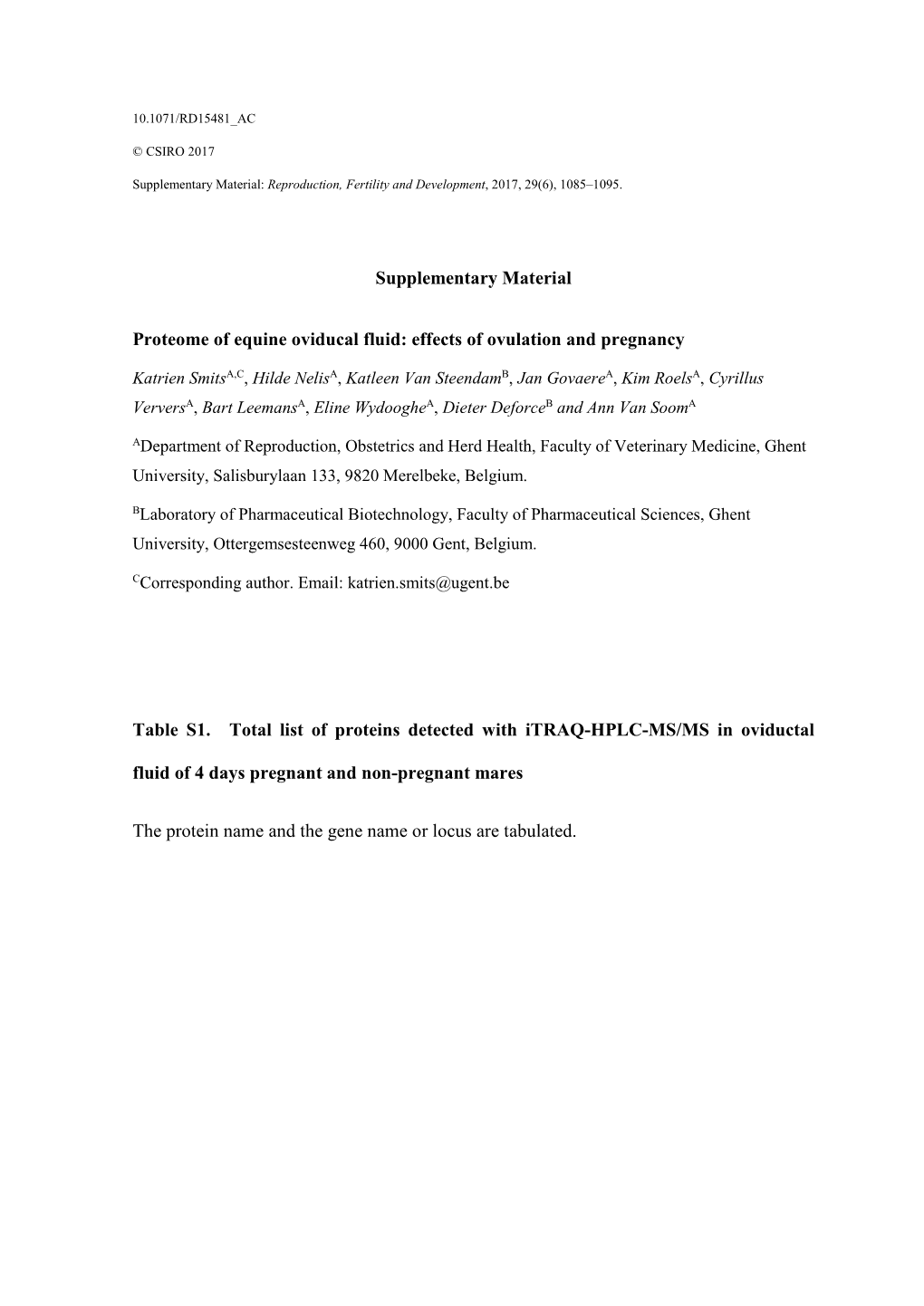 Supplementary Material Proteome of Equine Oviducal Fluid: Effects Of