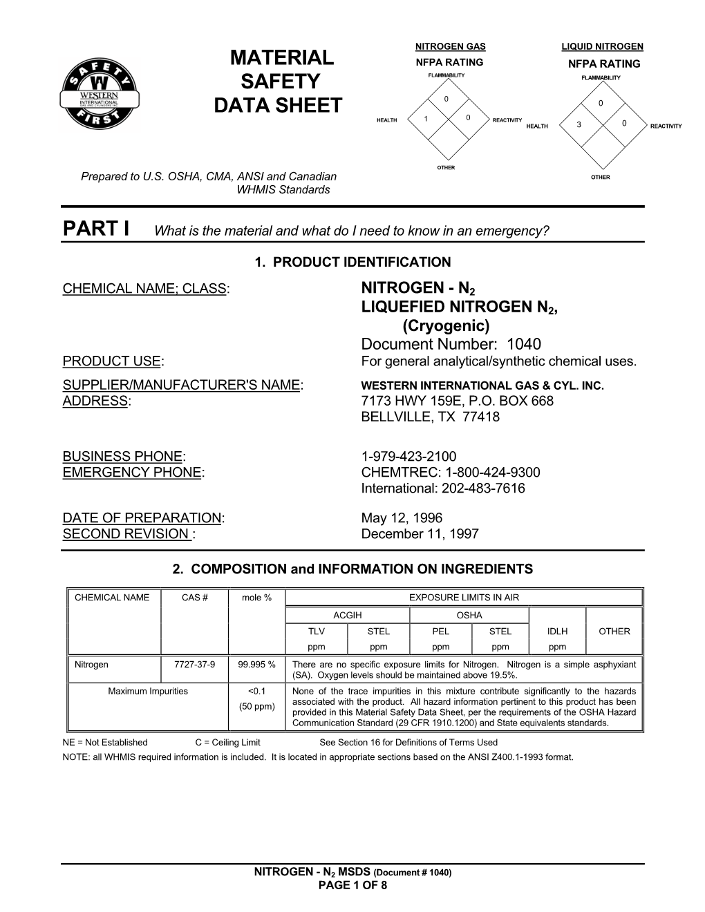Material Safety Data Sheet, Per the Requirements of the OSHA Hazard Communication Standard (29 CFR 1910.1200) and State Equivalents Standards