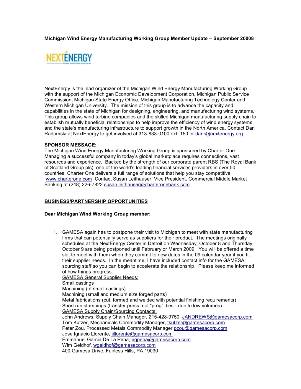 Michigan Wind Energy Manufacturing Working Group Member Update – September 20008