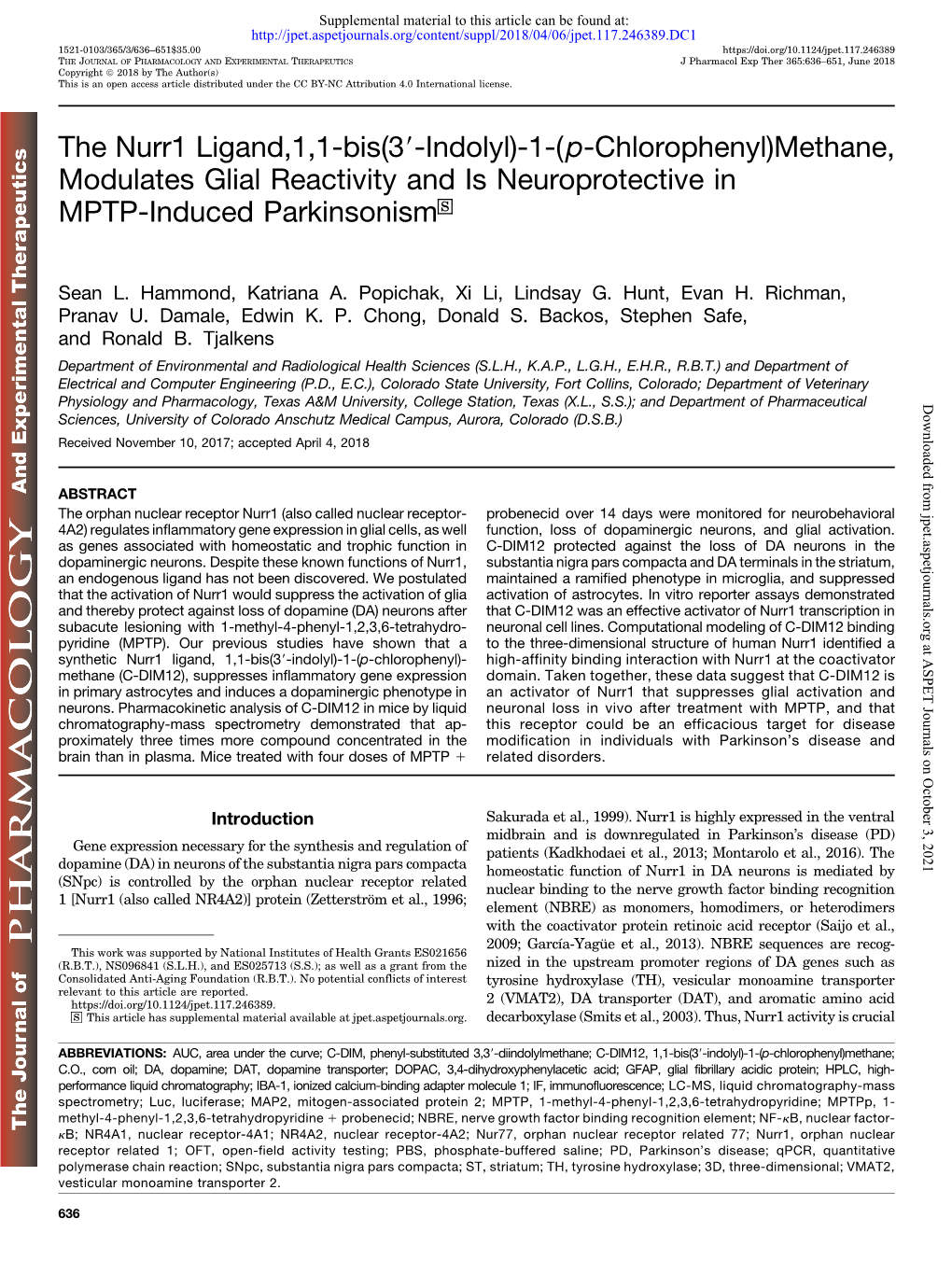 The Nurr1 Ligand,1,1-Bis(3′-Indolyl)-1-(P-Chlorophenyl)Methane, Modulates Glial Reactivity and Is Neuroprotective in MPTP-Indu