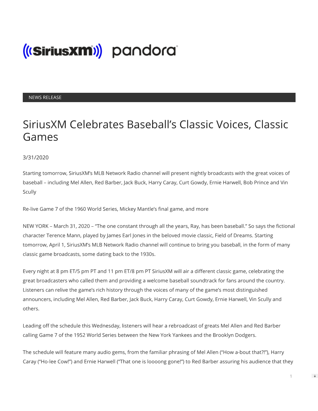 Siriusxm Celebrates Baseball's Classic Voices, Classic Games