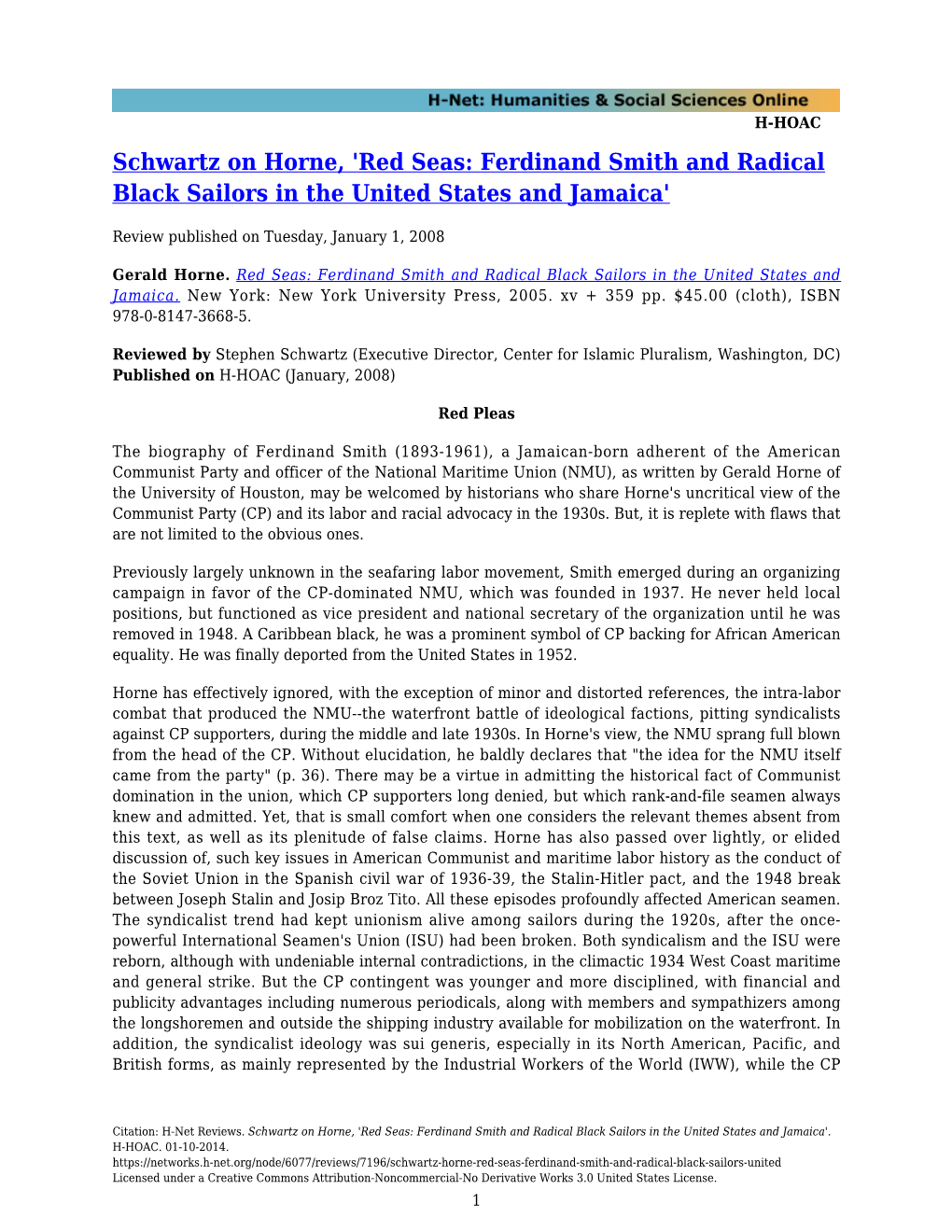 Schwartz on Horne, 'Red Seas: Ferdinand Smith and Radical Black Sailors in the United States and Jamaica'