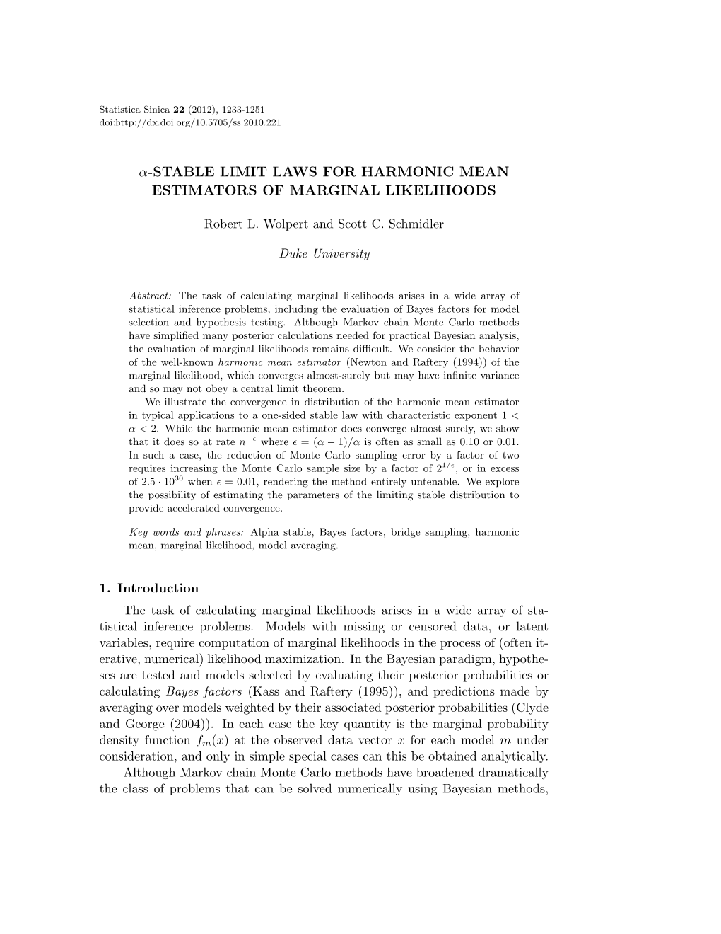 Α-Stable Limit Laws for Harmonic Mean Estimators of Marginal Likelihoods