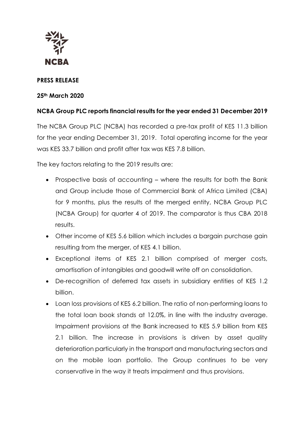 PRESS RELEASE 25Th March 2020 NCBA Group PLC Reports Financial