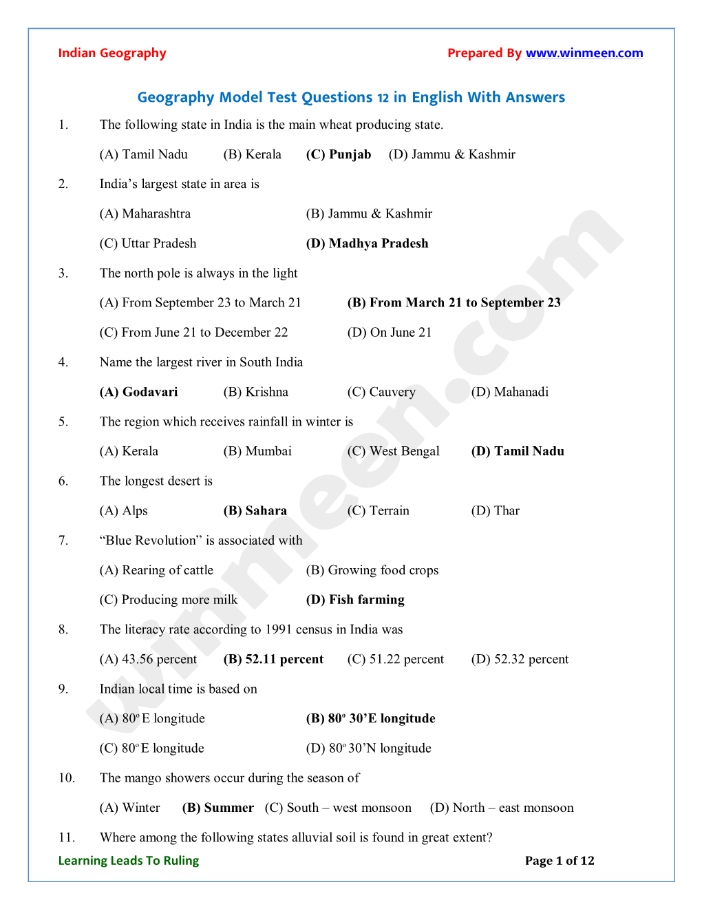 Geography Model Test Questions 12 in English with Answers 1