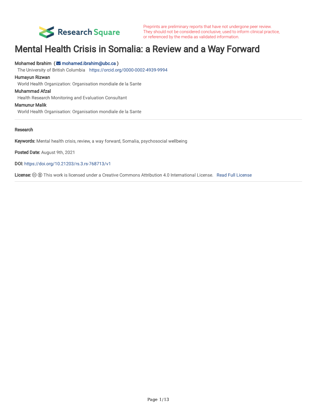 Mental Health Crisis in Somalia: a Review and a Way Forward