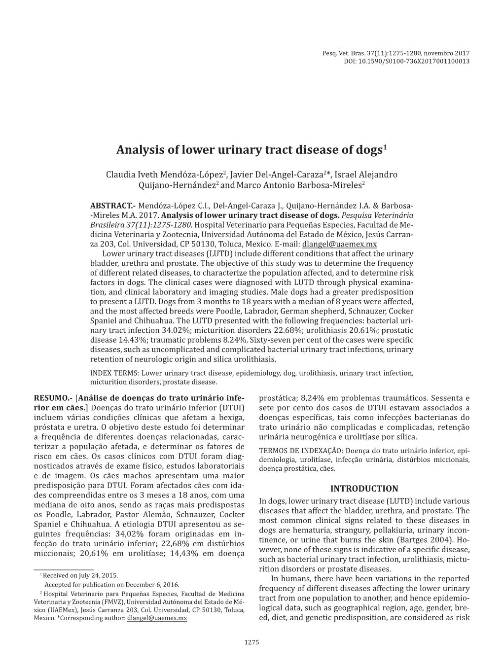 Analysis of Lower Urinary Tract Disease of Dogs1